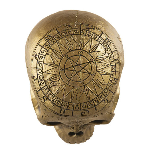 Faux crane humain doré satanique pentagramme pour décoration halloween, occulte en vente chez Be Happy à Paris
