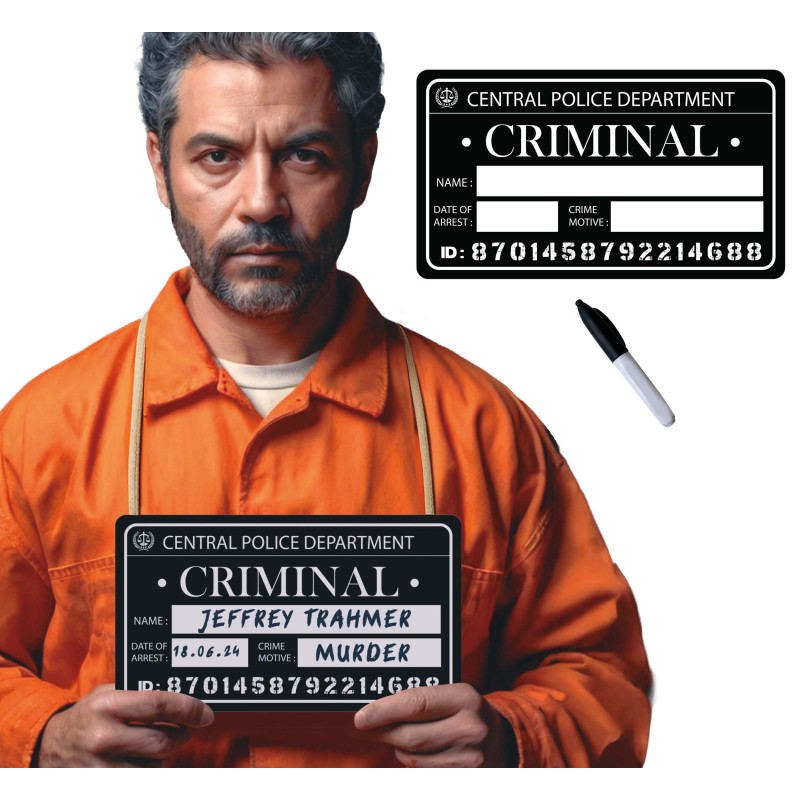 Plaque prisonnier criminelle avec marqueur pour compléter un déguisement en vente.