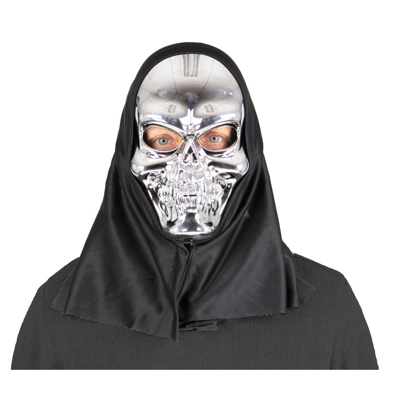 Masque crâne tête de mort argenté miroir en PVC avec cagoule pour adulte en vente chez Be Happy