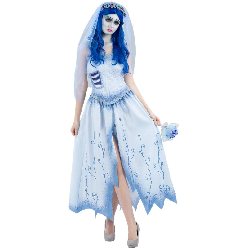 Femme portant le déguisement de la robe d'Emily dans Les Noces Funèbres avec voile pour Halloween en vente