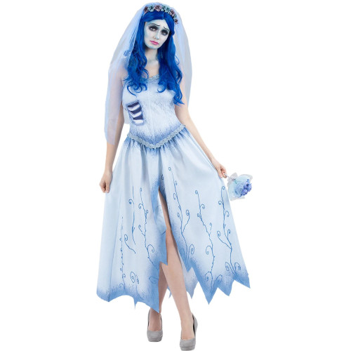 Femme portant le déguisement de la robe d'Emily dans Les Noces Funèbres avec voile pour Halloween en vente