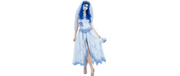 Femme portant le déguisement de la robe d'Emily dans Les Noces Funèbres avec voile pour Halloween en vente