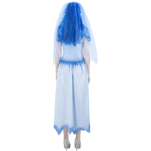 Femme portant le déguisement de la robe d'Emily dans Les Noces Funèbres avec voile pour Halloween en vente