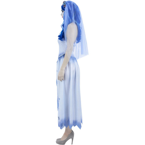 Femme portant le déguisement de la robe d'Emily dans Les Noces Funèbres avec voile pour Halloween en vente