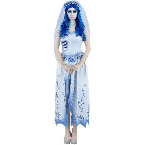Femme portant le déguisement de la robe d'Emily dans Les Noces Funèbres avec voile pour Halloween en vente