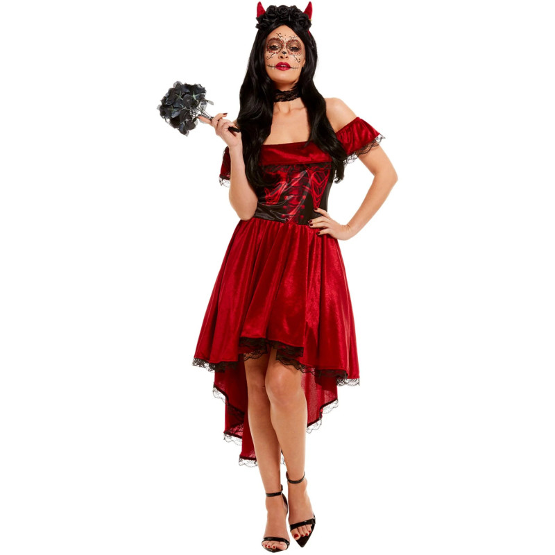 Robe diablesse mexicaine dia de los muertos, jour de la mort rouge femme sexy en vente paris